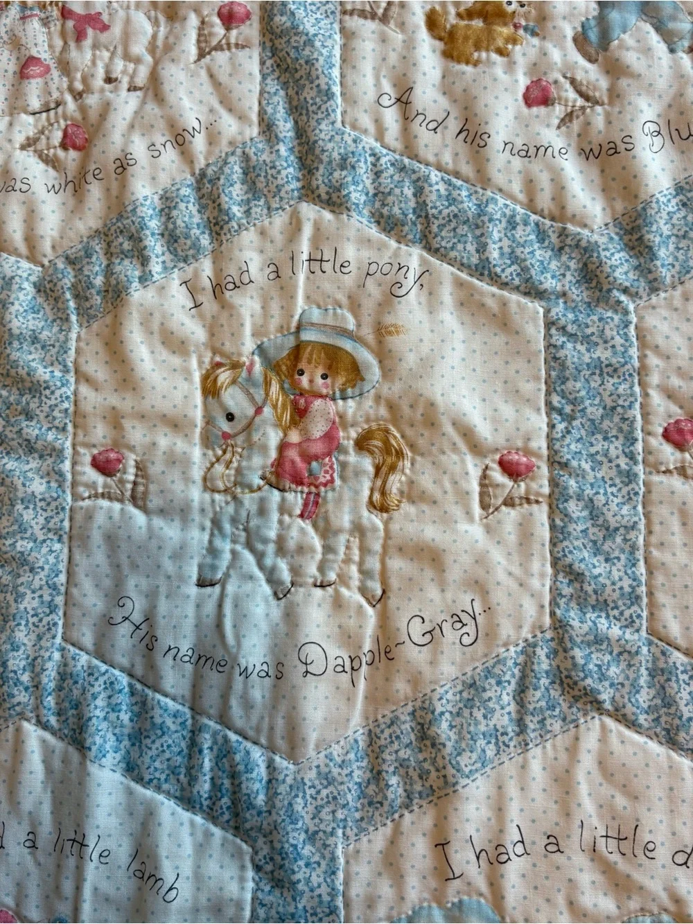 Vintage Nursery Rhyme Handmade White Light Blue Hexagon Patchwork Baby Quilt
